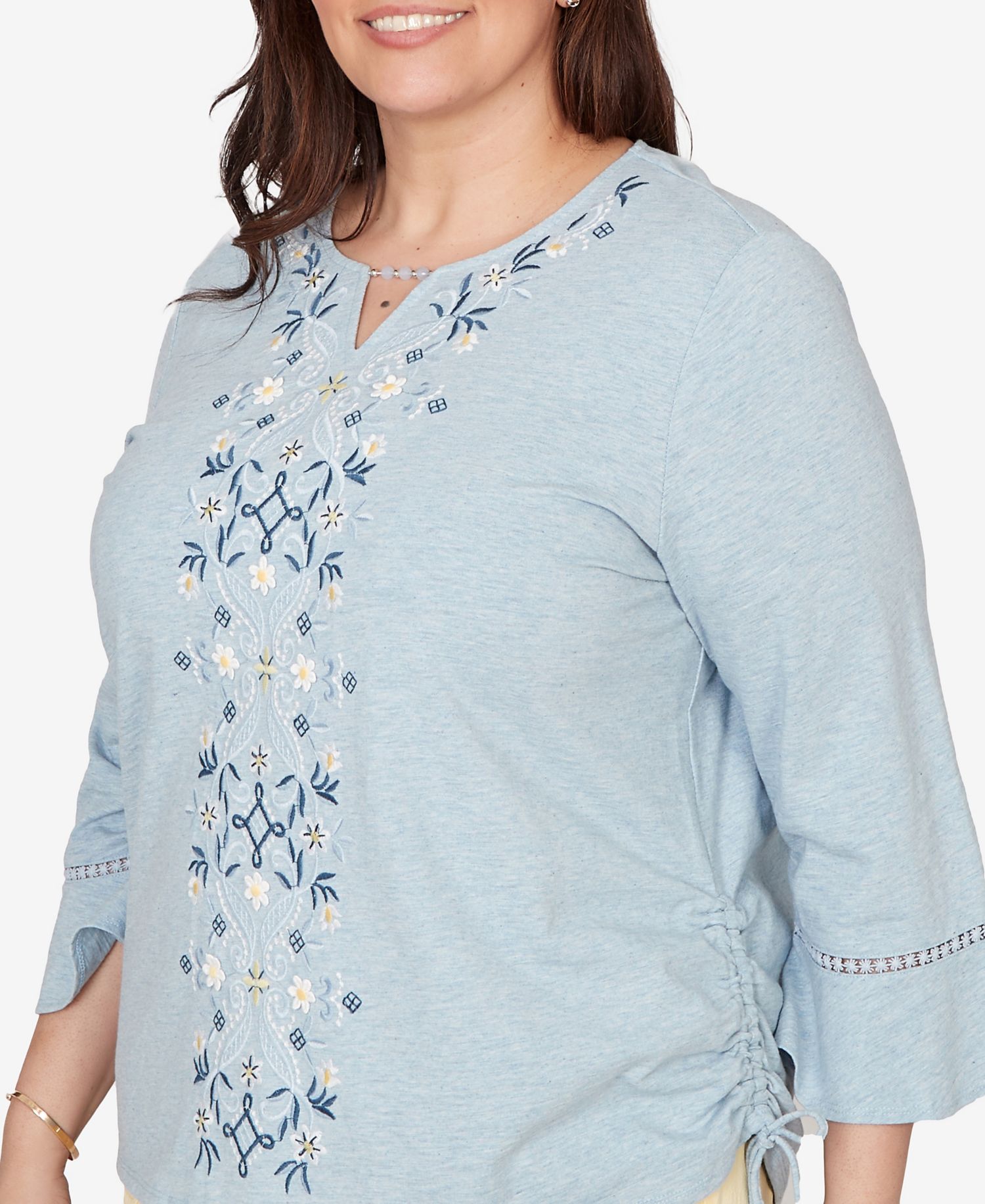 Plus Size Out of the Blue Center Scroll Embroidered Side Tie Top