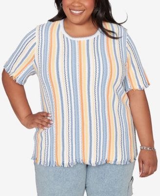 Plus Size Out of the Blue Textured Fringe Stripe T-Shirt