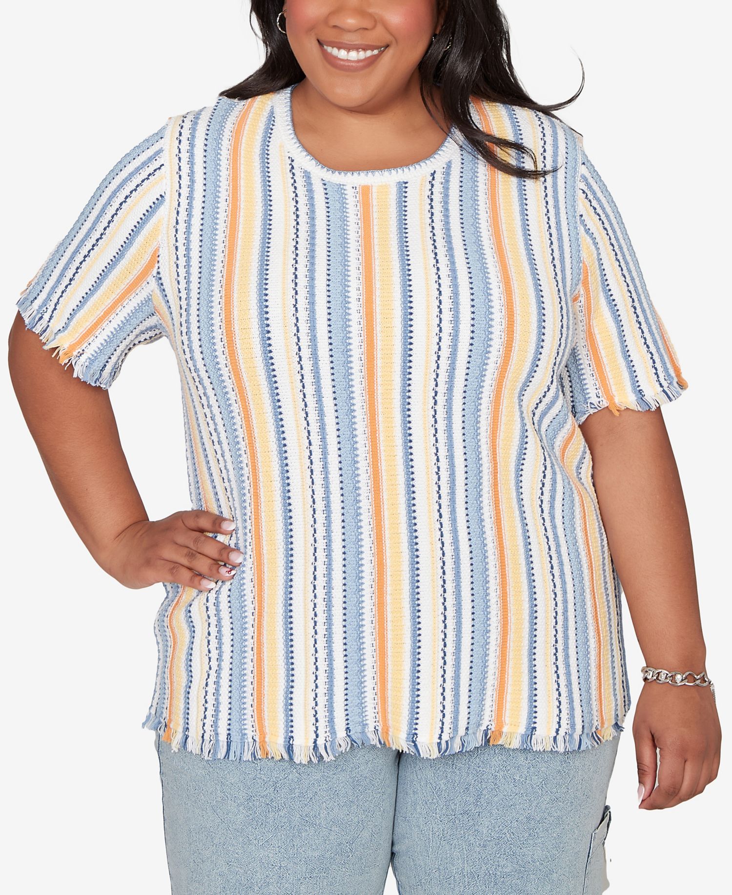 Plus Size Out of the Blue Textured Fringe Stripe T-Shirt