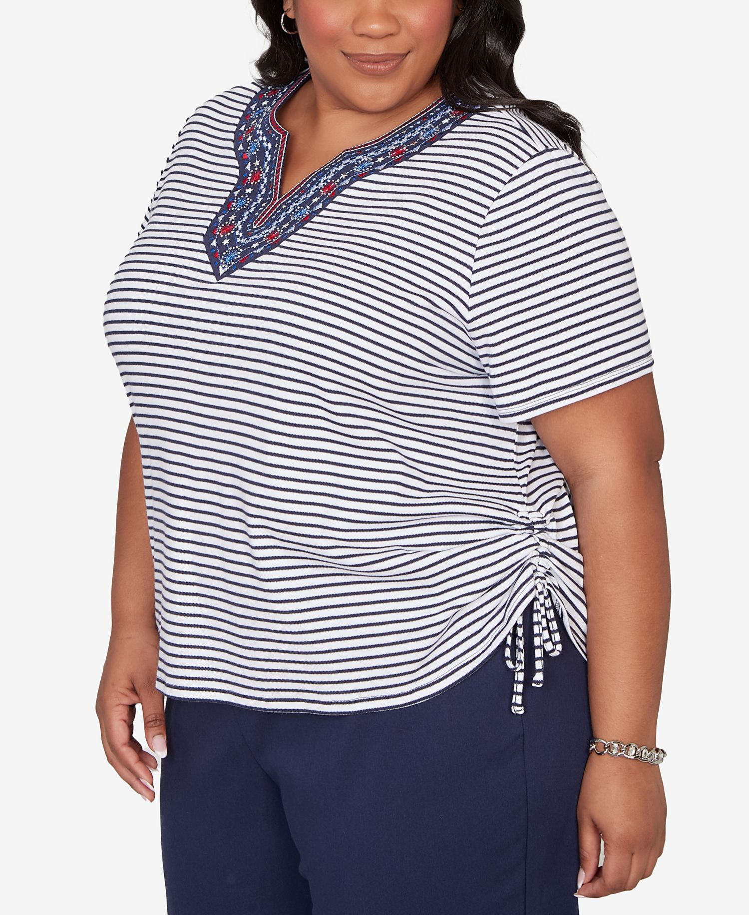 Plus Size Lady Liberty Embroidered Neck Striped Side Tie Top