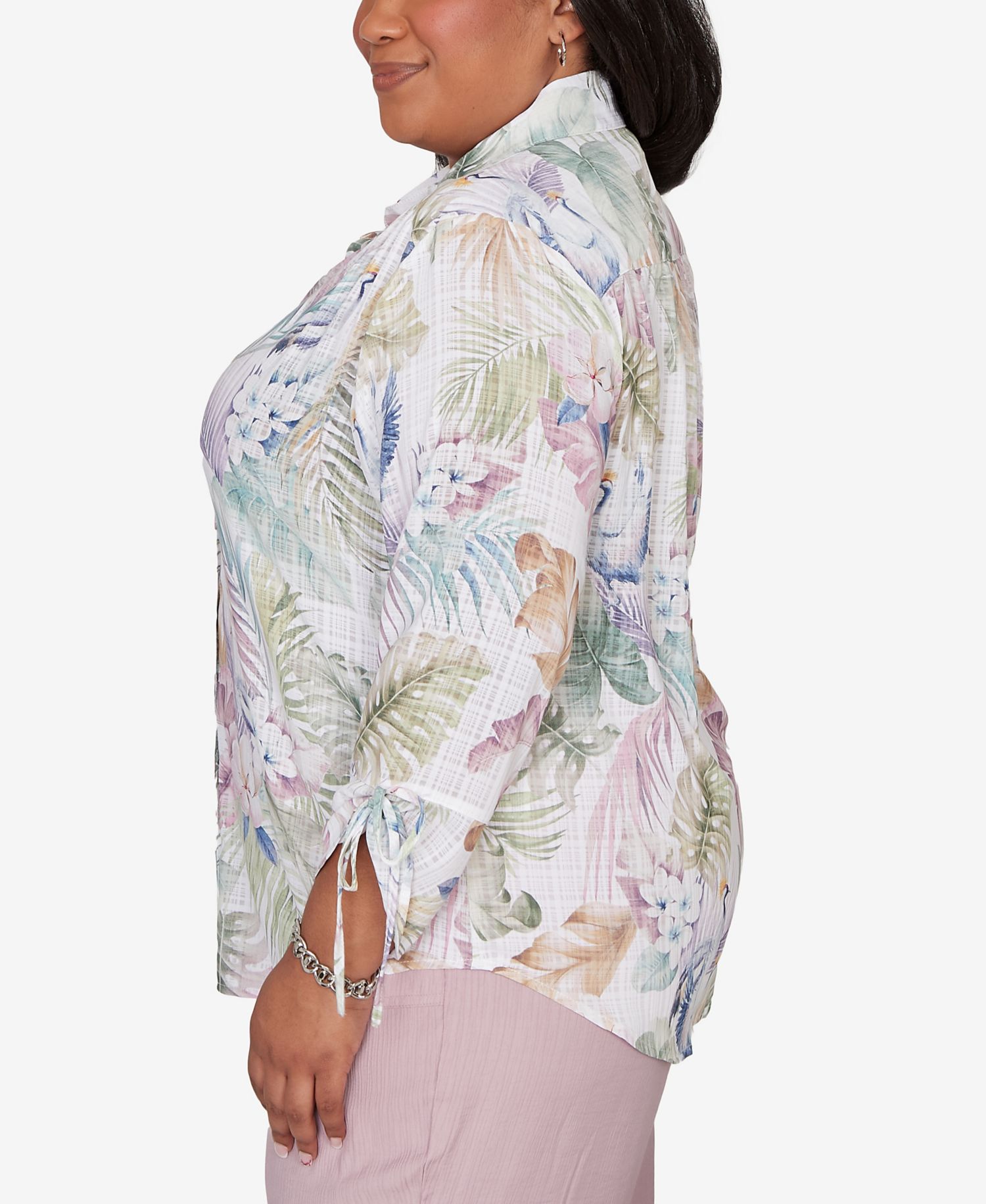 Plus Size Vintage Charm Tropical Button-Front Tie-Sleeve Top