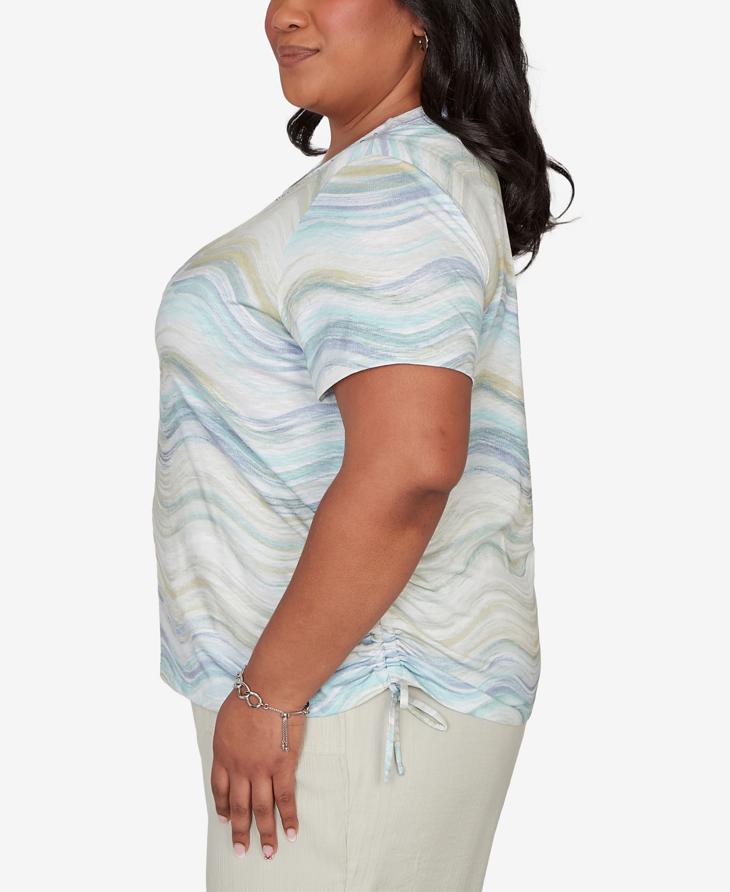 Plus Size Vintage Charm Wavy Biadere Side Tie Ruched T-Shirt