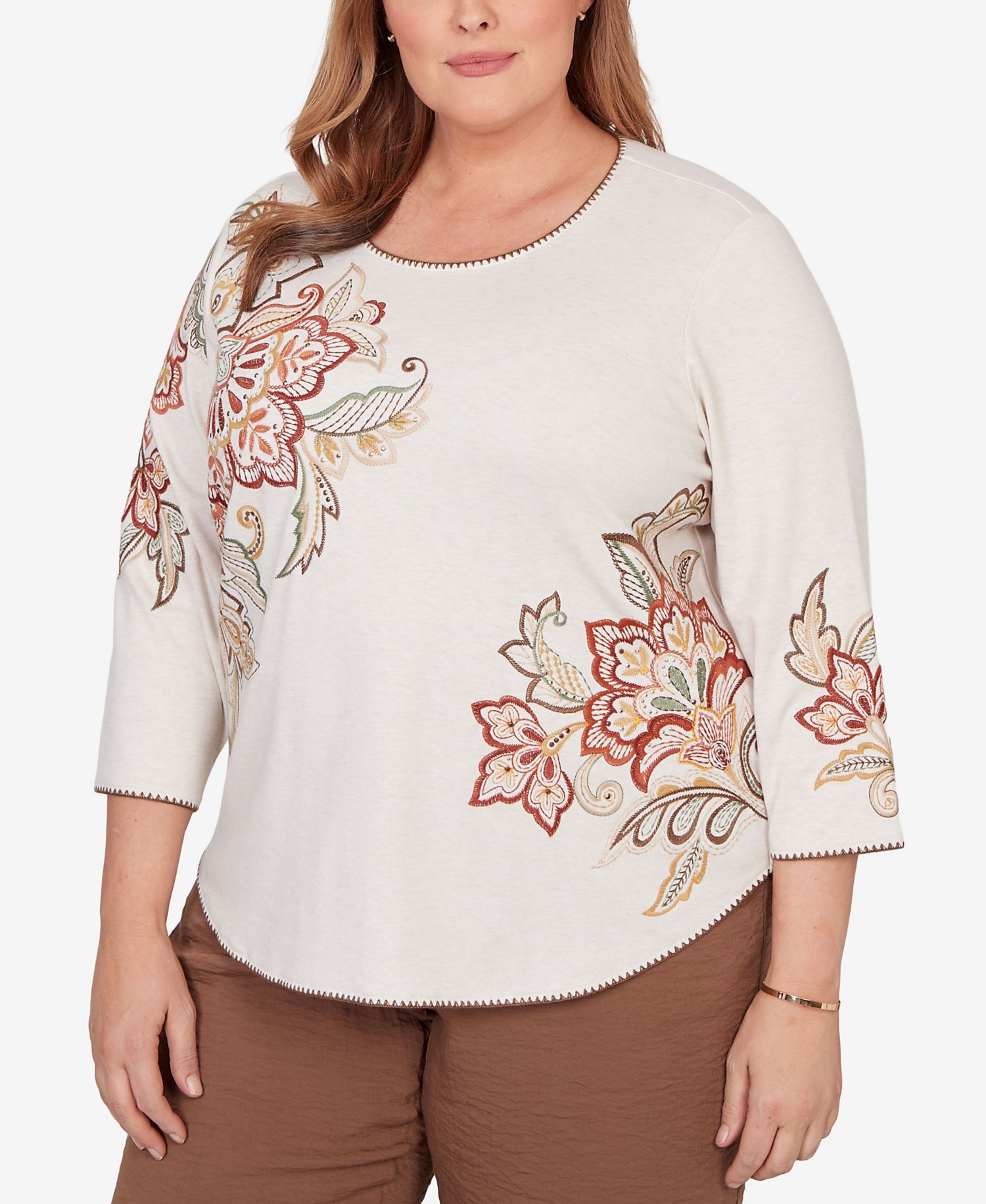 Plus Size Spice Market Asymmetrical Scroll Floral Round Hem Top
