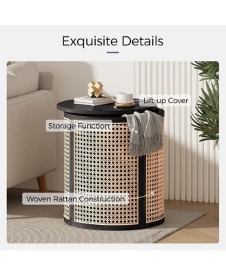 Round Solid Wood Nightstand, Hollow Woven Bedside Table, Compact Accent End Table for Living Room, Bedroom, Home Office