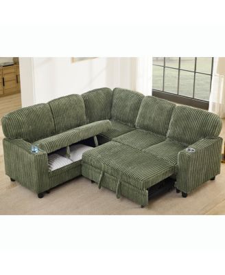  L-Shaped Sectional Sofa Bed with Pull-Out Bed & Storage, USB Charging
