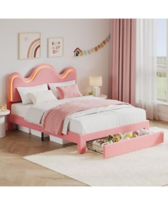 Upholstered LED Bed Frame with Storage Drawer, Wavy Headboard, Lamb Fleece Fabric, Wood Slats.