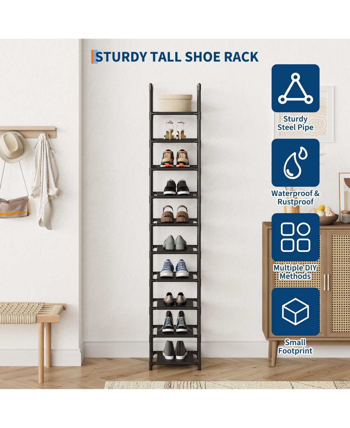 Homfan 10 Tier Metal Shoe Rack with Adjustable Fabric Shelves