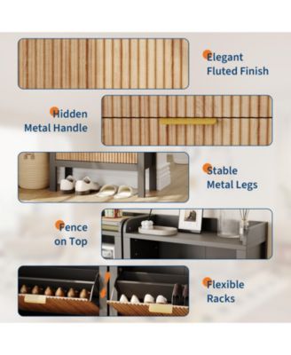 Fluted Shoe Cabinet with 2 Flip Drawers and Open Shelves, 23.6 x 9.4 x 43.7 in Slim Entryway Storage Organizer