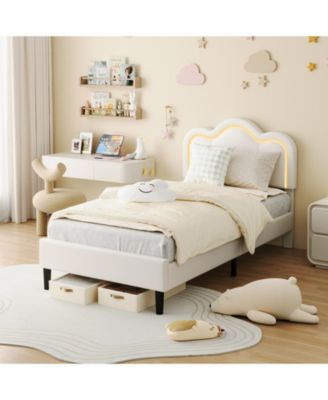 Modern Twin Size Upholstered Platform Bed Frame, Adjustable Mountain Headboard, Built-in Drawer Storage, Sturdy Wooden Slats, RGB LED Neon Lighting
