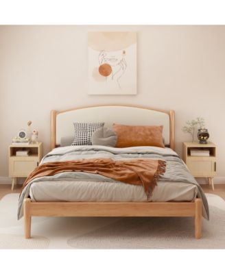 Oak Rattan Nightstand with Door and Open Shelf - Solid Wood Legs Accent End Table