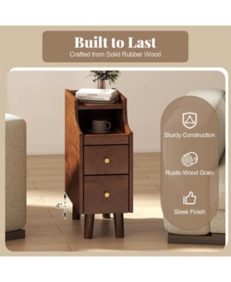 Solid Wood End Table Narrow Bedside Table with Pull-out Tray and 2 Storage Drawers