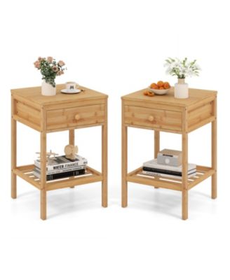 Set of 1/2 Bamboo Nightstand Bedside Table with Storage Drawer and Open Shelf-2 pieces