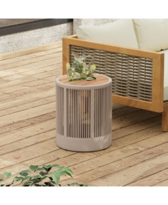Outdoor Rattan Rope and Acacia Wood Side Table for Patio, Balcony and Garden