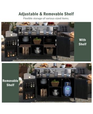 Outdoor Kitchen Island and Rolling Bar Cart, Farmhouse Solid Wood Grill Table with Stainless Steel Top, Spice Rack and Towel Rack