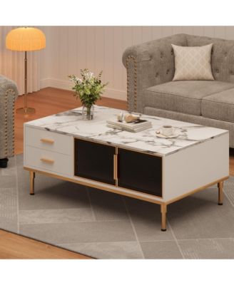 Modern Faux Marble Coffee Table with Storage, 4 Drawers, 2 Glass Doors, Fluted Design, Adjustable Legs