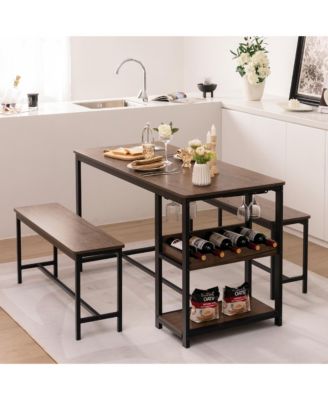 3PCS Rustic Kitchen Dining Set Includes Storage Rack w/ Rectangular Table and 2 Benches