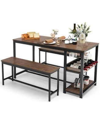 3PCS Rustic Kitchen Dining Set Includes Storage Rack w/ Rectangular Table and 2 Benches