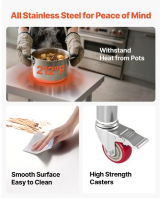 Stainless Steel Prep Table on Wheels with Adjustable Undershelf, 24 x 18 x 34 in