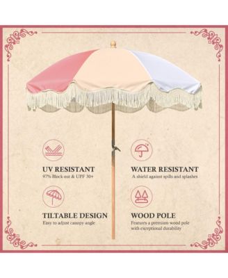 6Ft Vintage Floral Fringe Umbrella w/ Deck Holder Carry Bag Adjustable for Outdoor Balcony Deck Food Ice Cream Cart Mobile Stall