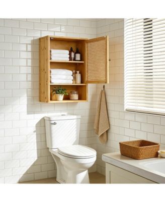 Bathroom Wall Cabinet, Wood Rattan Storage with 3-Tier Shelves and Doors, Medicine Cabinet, Holds 33lbs for Bathroom, Laundry Room