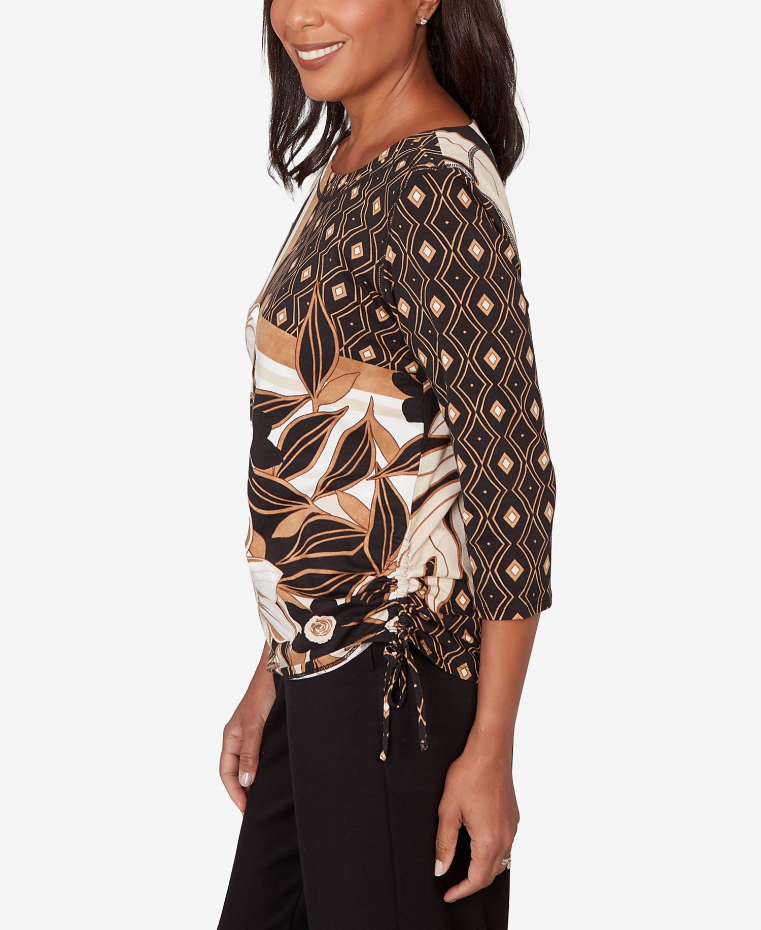 Women's Seville Floral Geometric Patchwork Side- Tie Crewneck Top