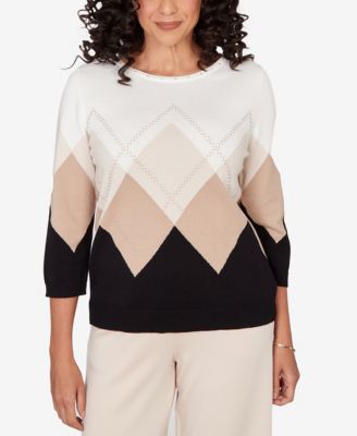 Alfred Dunner Women's Seville Argyle Ribbed Jewel Neck Sweater - Neutral Multi