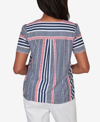 Women's Port Side Spliced Mixed Stripe Flutter-Sleeve Top