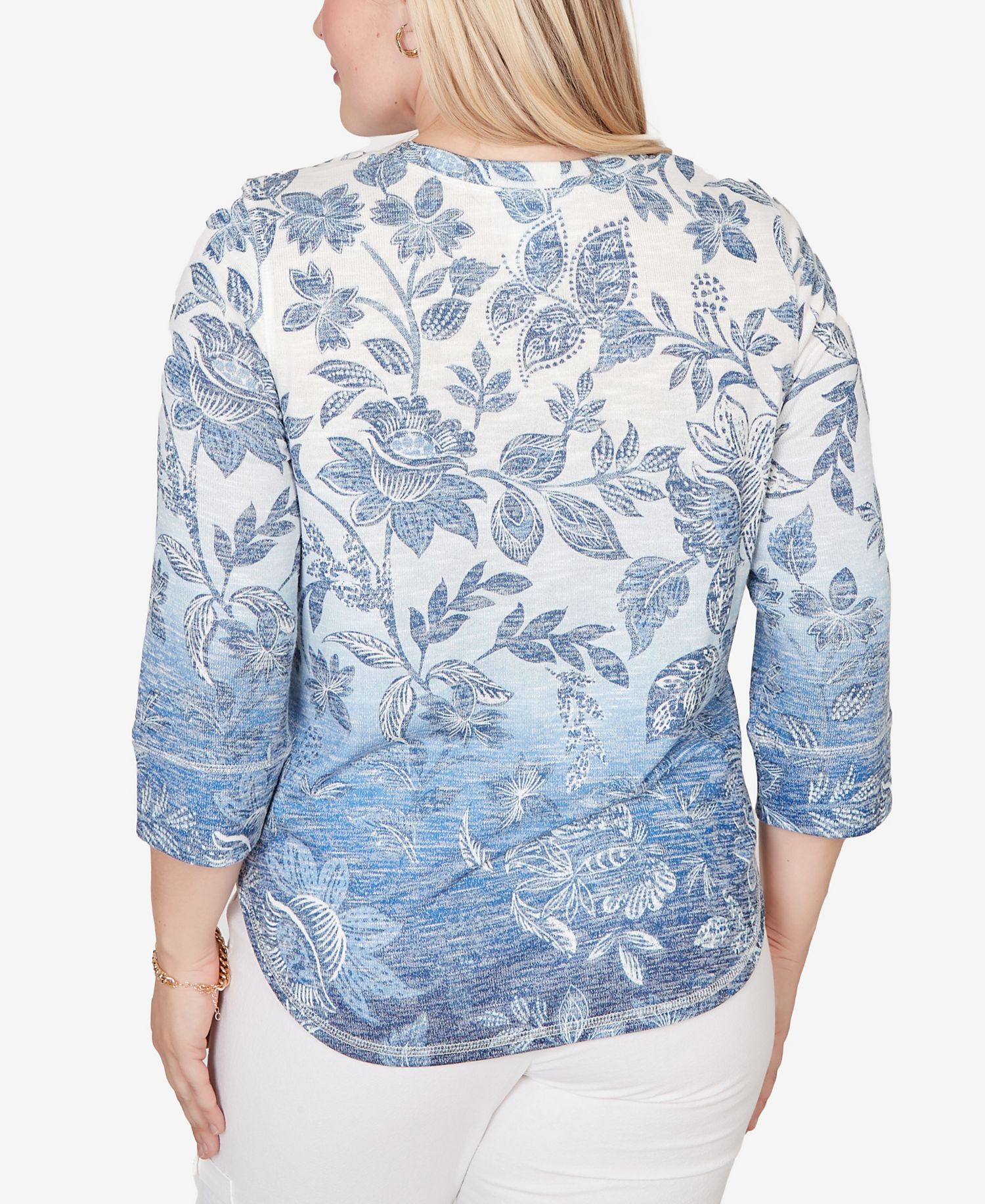 Women's Out of the Blue Ombre Batik Floral Henley V-Neck Top