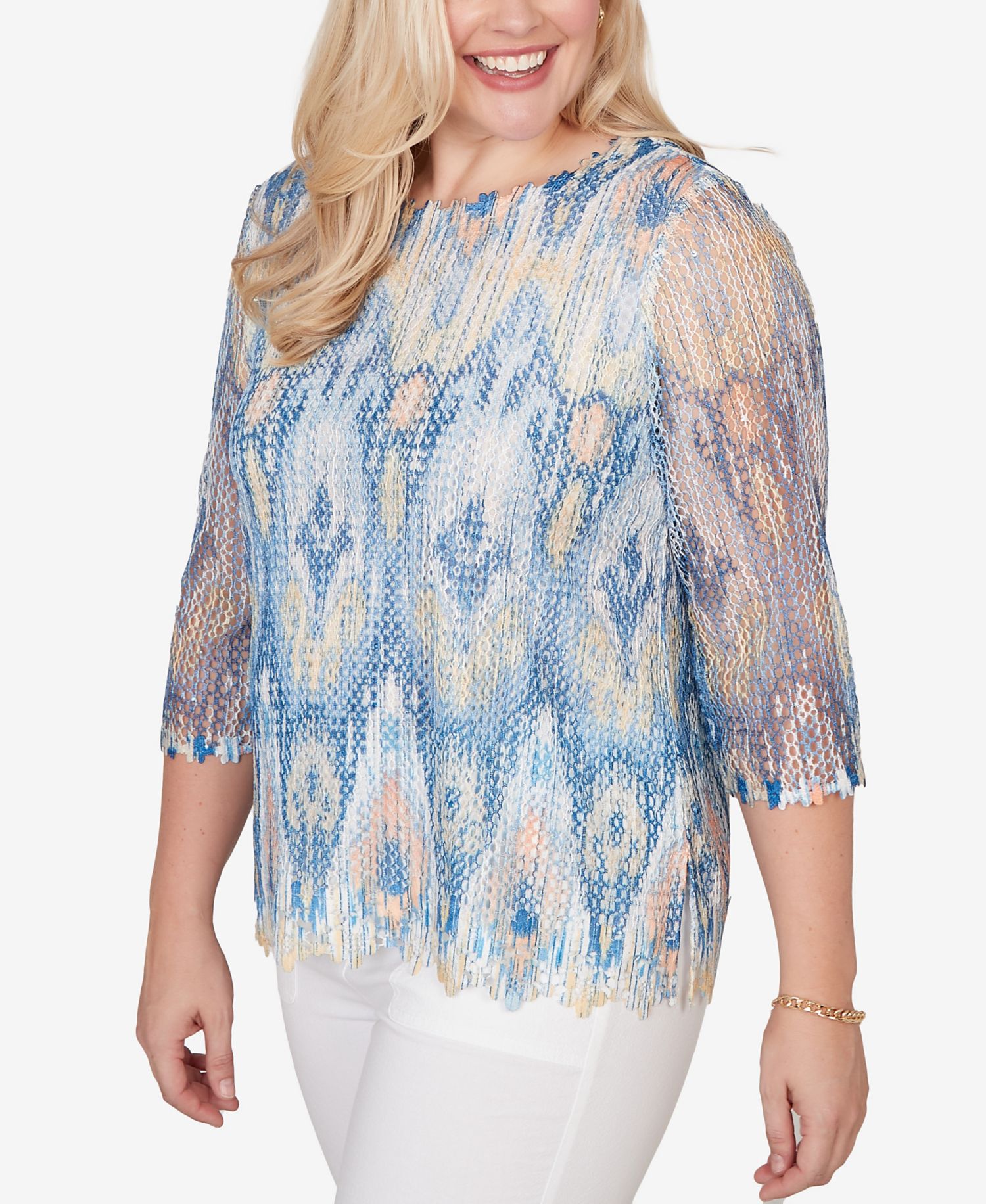 Women's Out of the Blue Dramatic Ikat Scallop Trim Crewneck Top