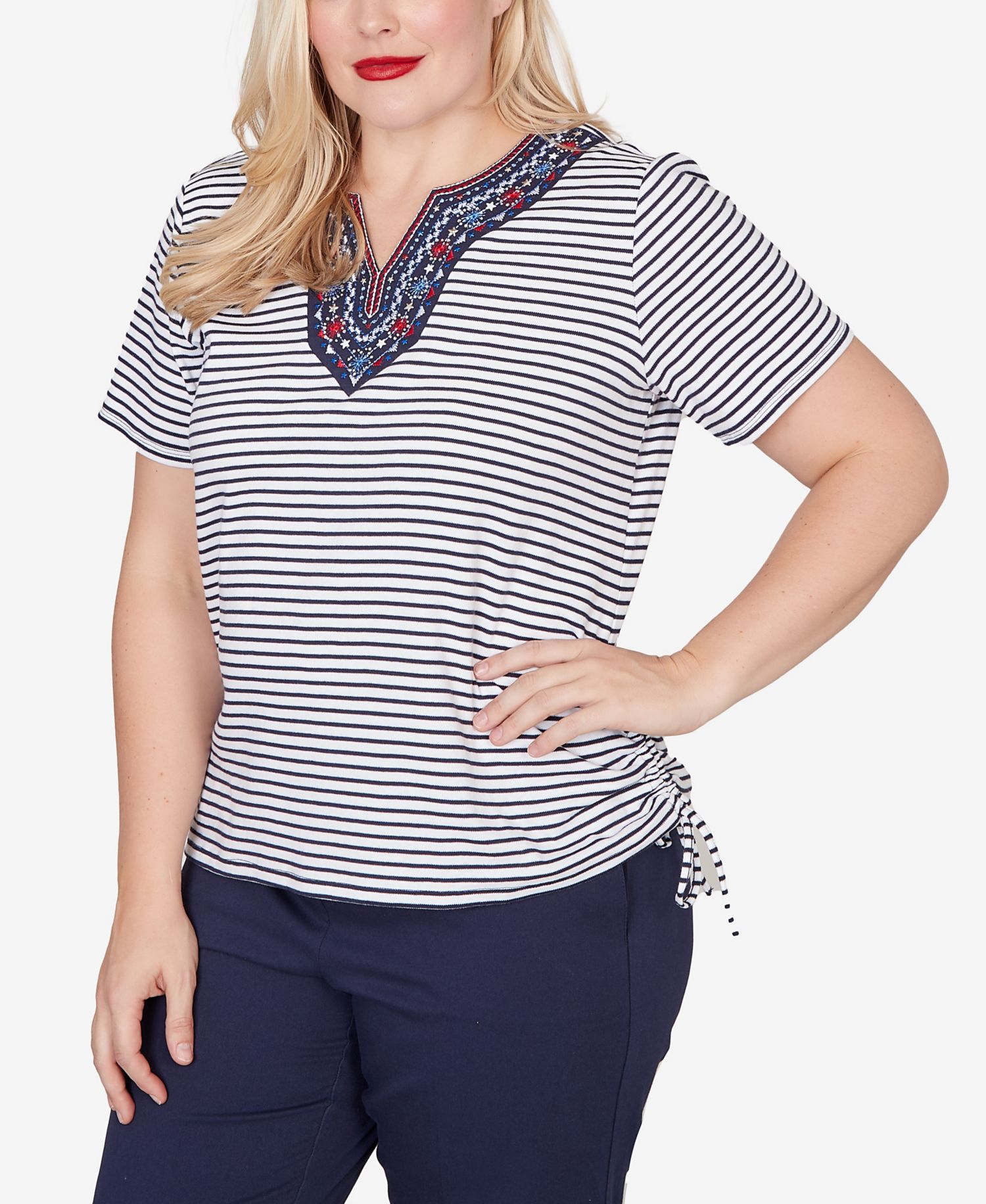Women's Lady Liberty Embroidered Neck Striped Side Tie Top
