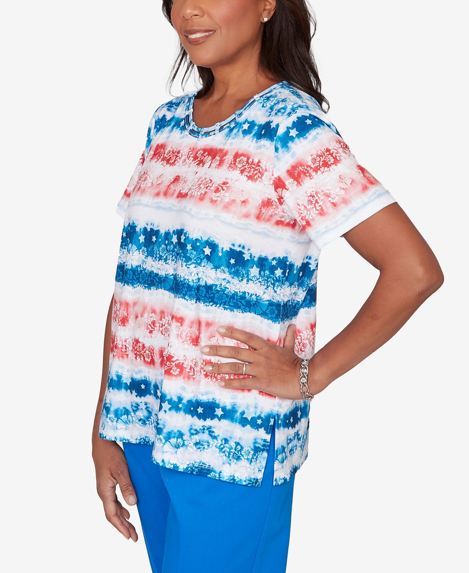 Women's Lady Liberty Americana Tie Dye Stripes Crewneck T-Shirt