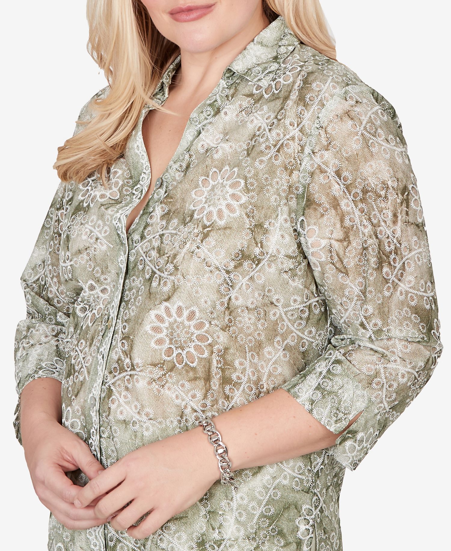 Women's Vintage Charm Tie Dye Monotone Floral Button-Front Top