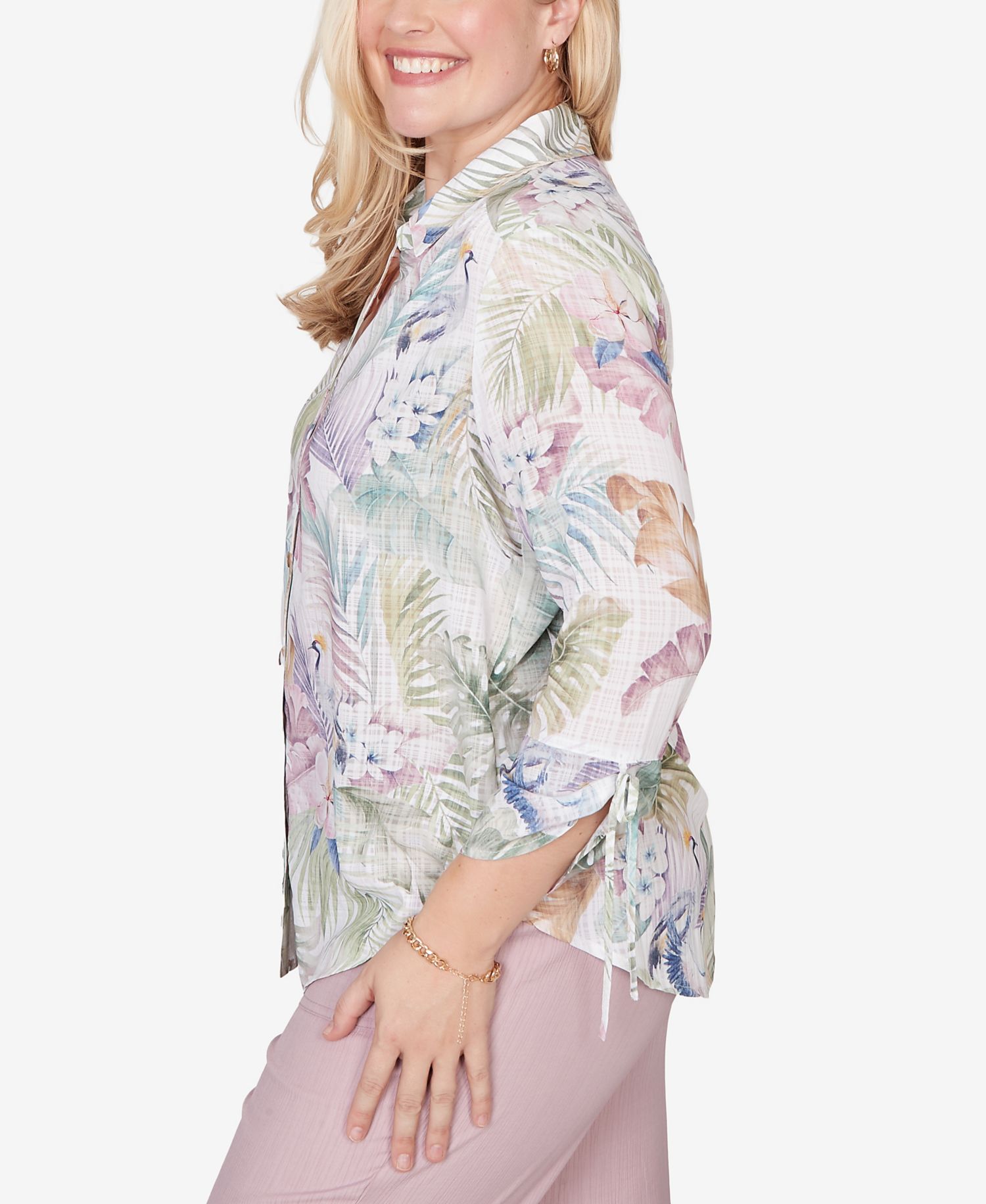 Women's Vintage Charm Tropical Button-Front Tie-Sleeve Top