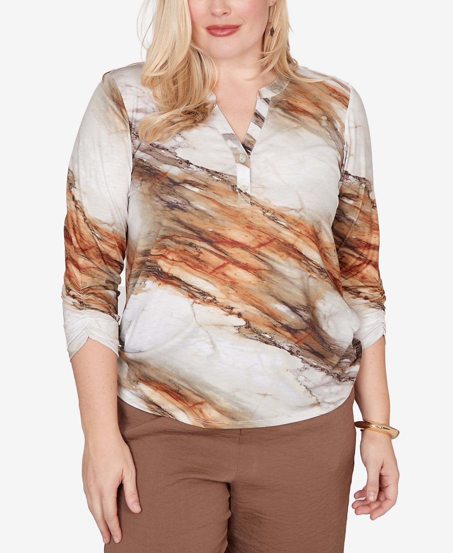 Women's Spice Market Marble Print Split Neck Top
