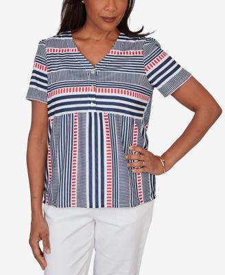 Women's Port Side Spliced Mixed Stripe Flutter-Sleeve Top