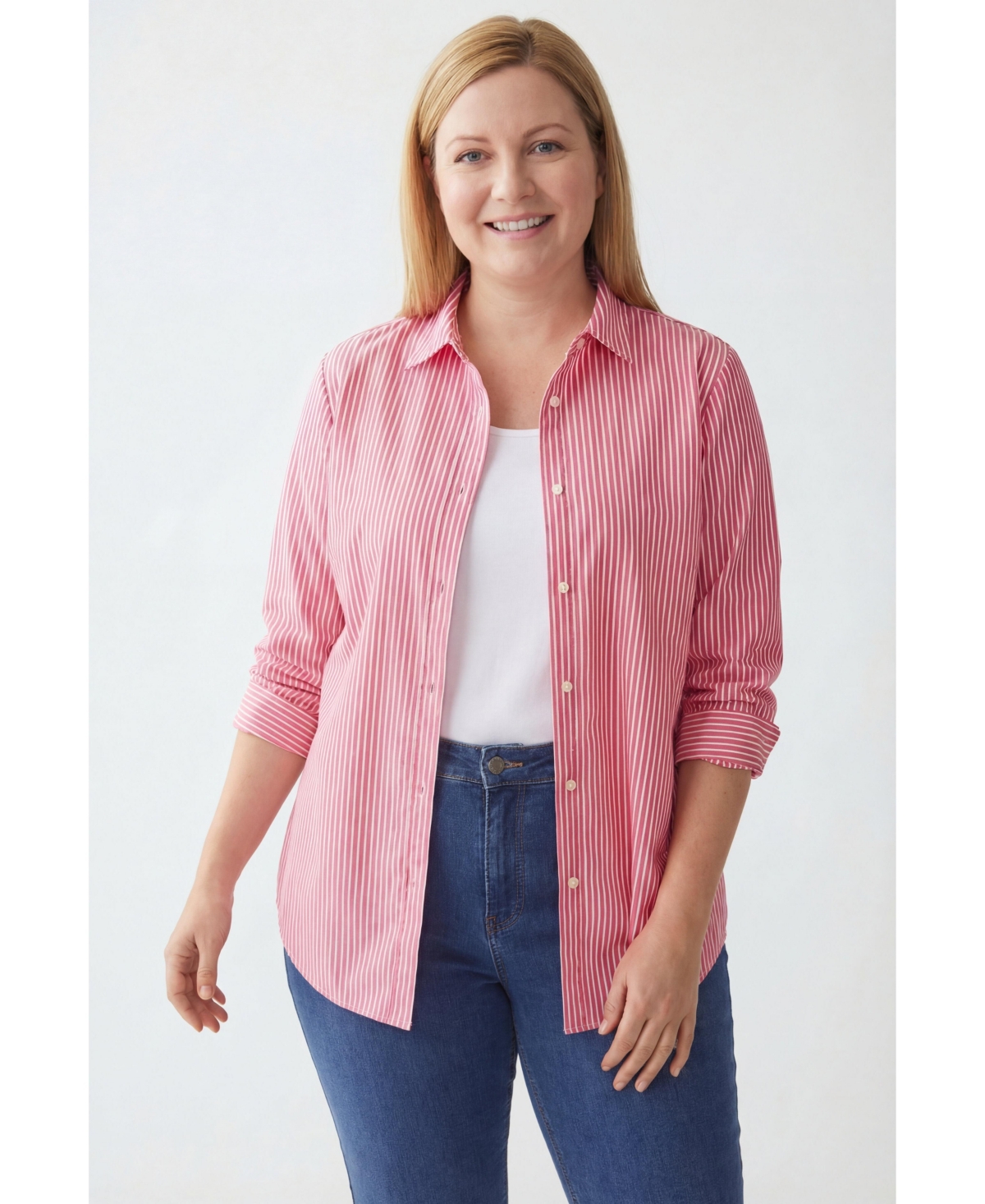 Woman Within Plus Size Perfect Long Sleeve Shirt - Classic red stripe