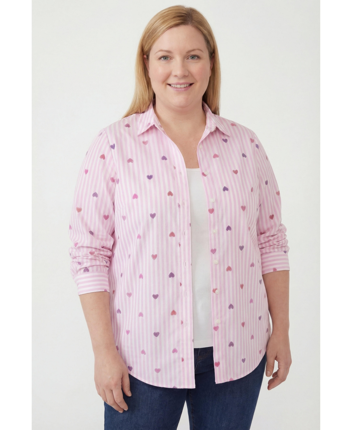 Woman Within Plus Size Perfect Long Sleeve Shirt - Heart stripe multi