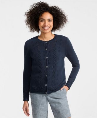 Women's Pointelle Crew Neck Cardigan Sweater
