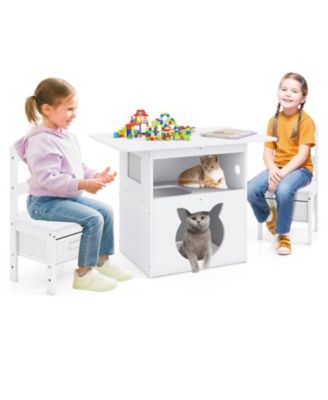 3-Piece Kids Table and Chairs Set with Built-In Pet Viewing Window