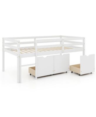 Twin Low Loft Bed with 3 Storage Drawers, Ladder and Full-Length Guardrails