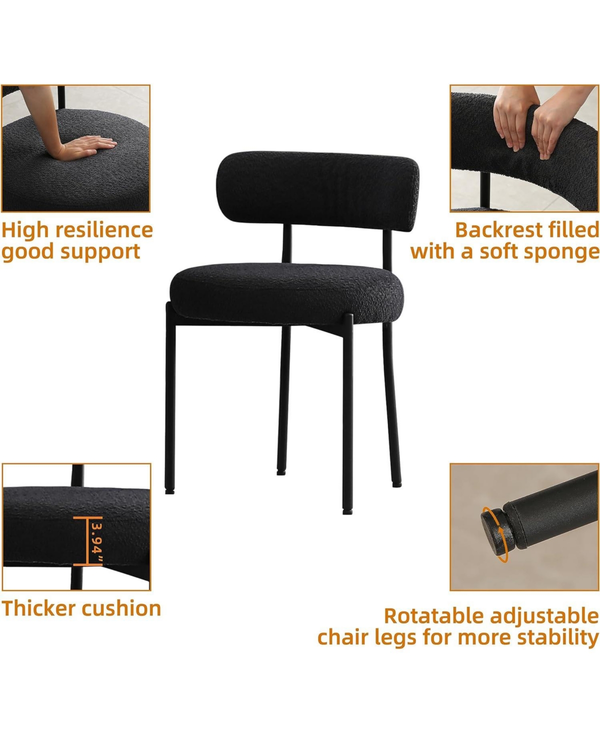 Dyhome Boucle Dining Chairs Set of 1, Upholstered with Black Metal Legs, Modern Accent Chair