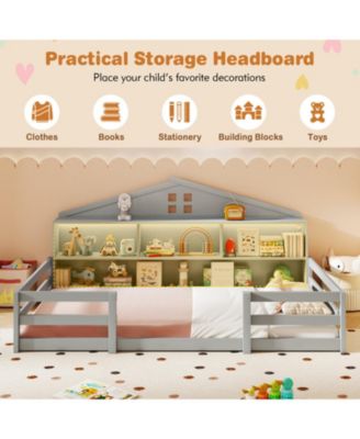 Twin Montessori Floor Bed with Storage Shelves and Storage Compartments