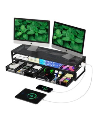 2-Tier Metal Monitor Stand Riser with USB 2.0, Dual Drawer Storage