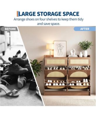 Rattan Shoe Cabinet with Adjustable Shelves and Metal Handles, Narrow Entryway Storage