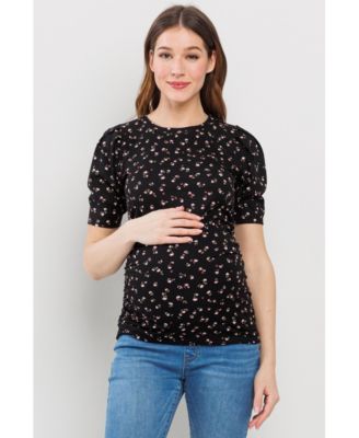 Maternity Floral Ribbed Ruched Puff-Sleeve Fitted Top