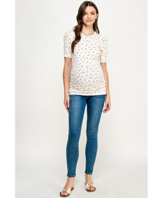 Maternity Floral Ribbed Ruched Puff-Sleeve Fitted Top