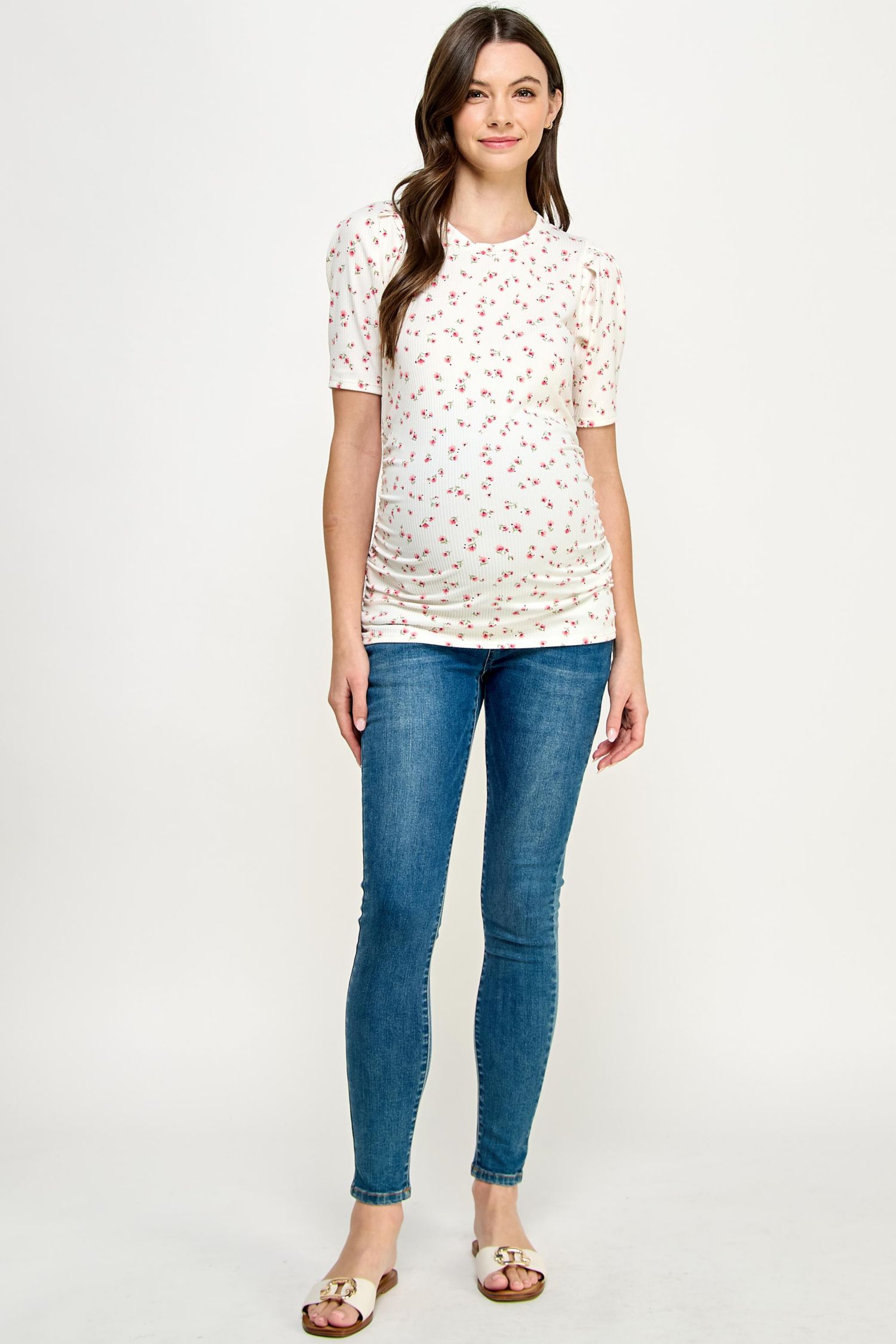 Maternity Floral Ribbed Ruched Puff-Sleeve Fitted Top