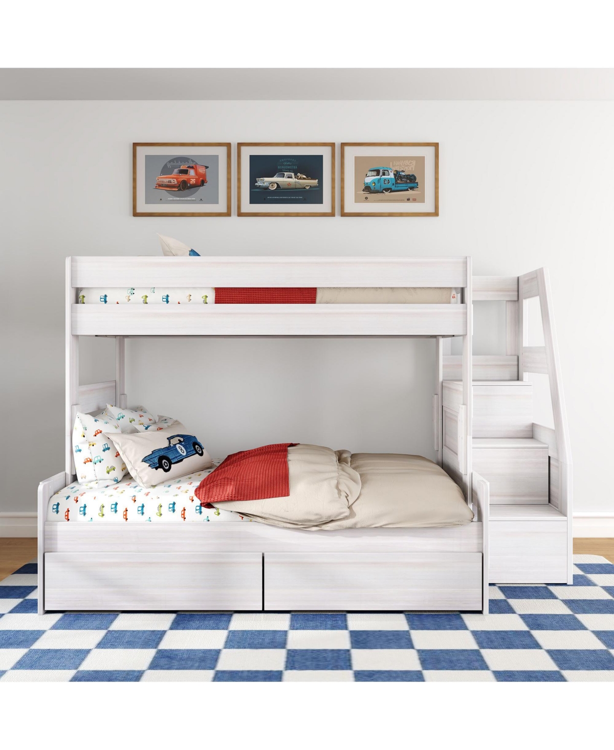Max & Lily Modern Farmhouse Twin Over Full Bunk Bed With Staircase and Storage Drawers