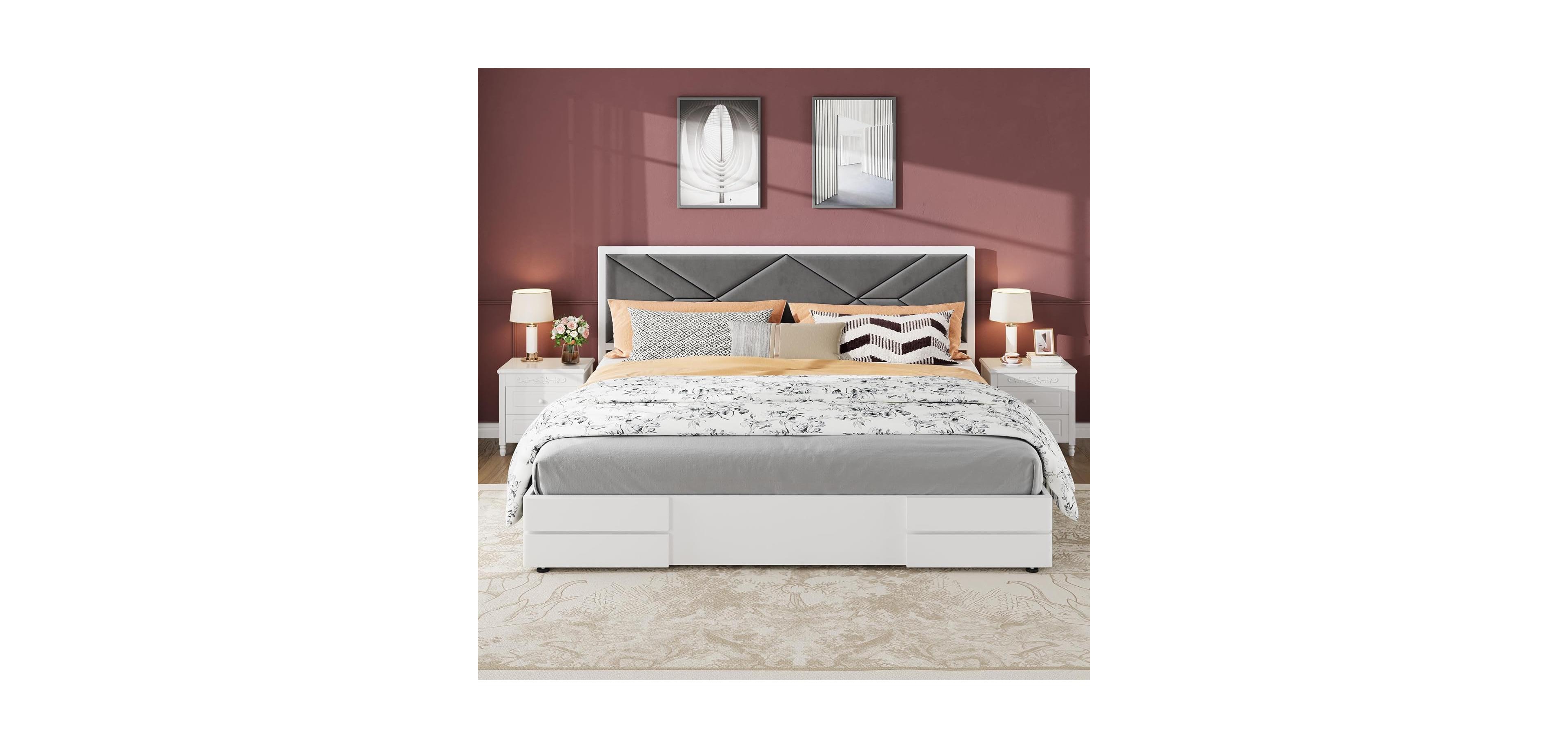Homfan Modern Soft Upholstered Platform Bed Frame with Headboard - Sturdy Wood Slats