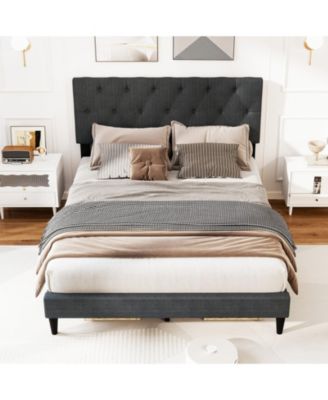 Full Linen Upholstered Platform Bed Frame with Tufted Headboard